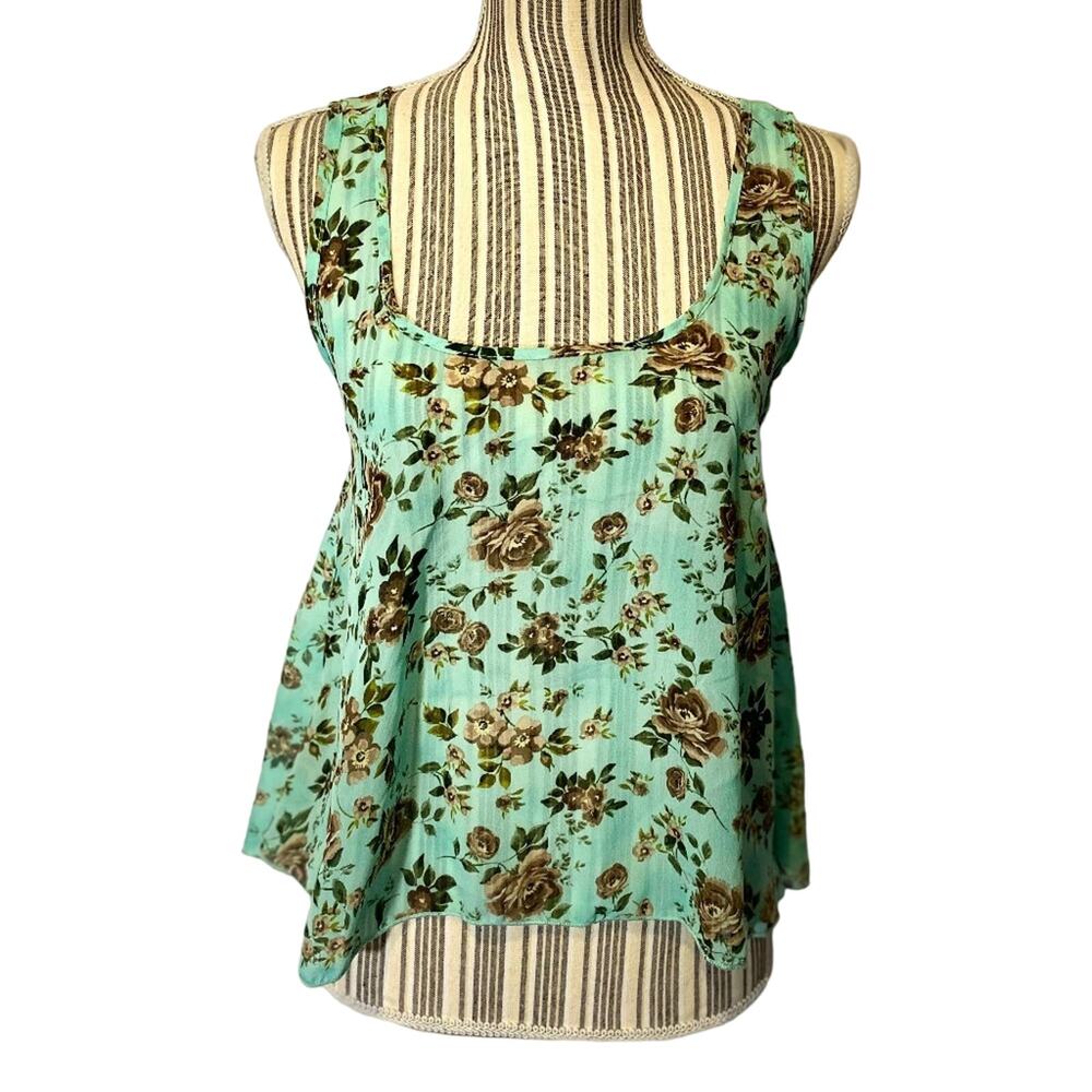 HUG Mint Floral Multicolor Cut Out Bow Detail Back Sleeveless Blouse Women Sz S